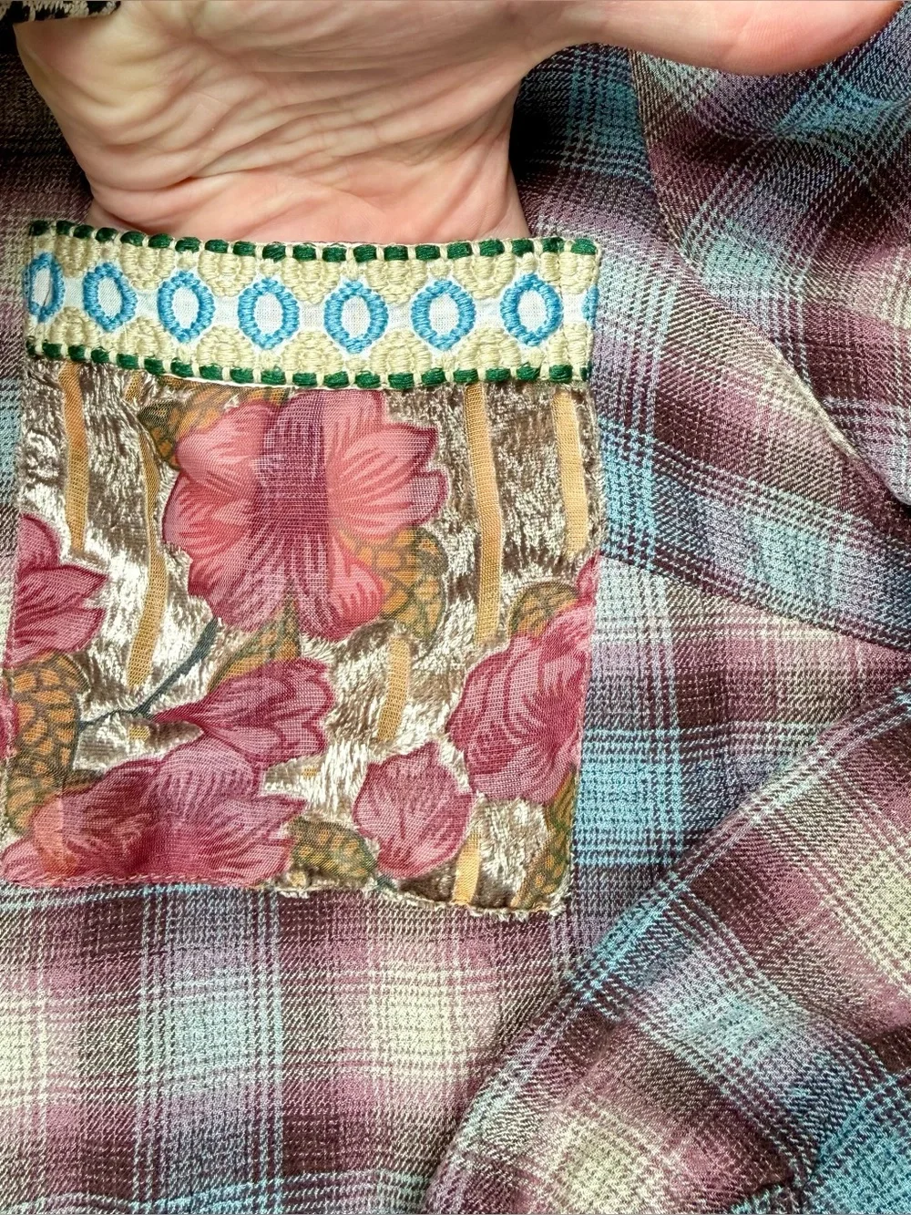 Soft Surroundings Velvet Burnout Floral Plaid Shirt Small